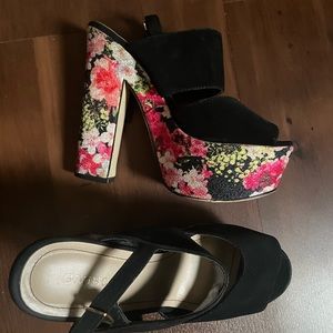 Bamboo Suede Satin Floral Platform Heels